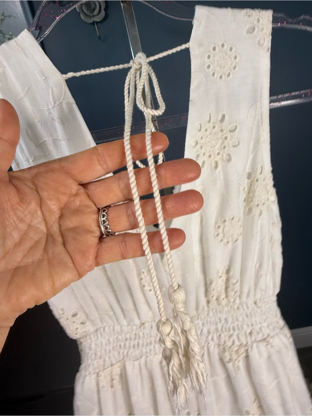 Women’s Cream Eyelet Bohemian Maxi Dress with Crochet  Size: Medium Preloved - Picture 11 of 13